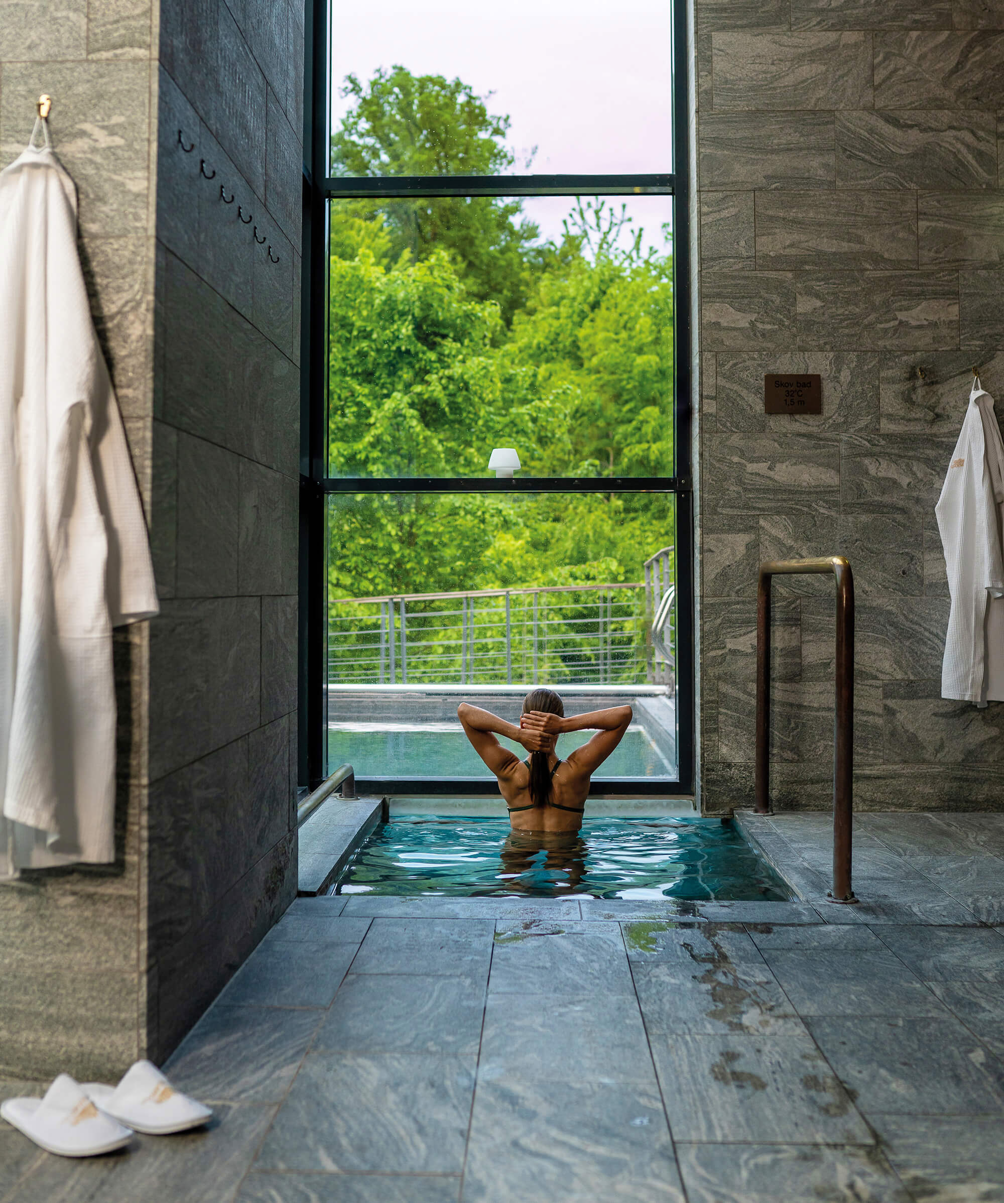 Et spa med behagelige liggestole og store vinduer med udsyn til en grøn skov